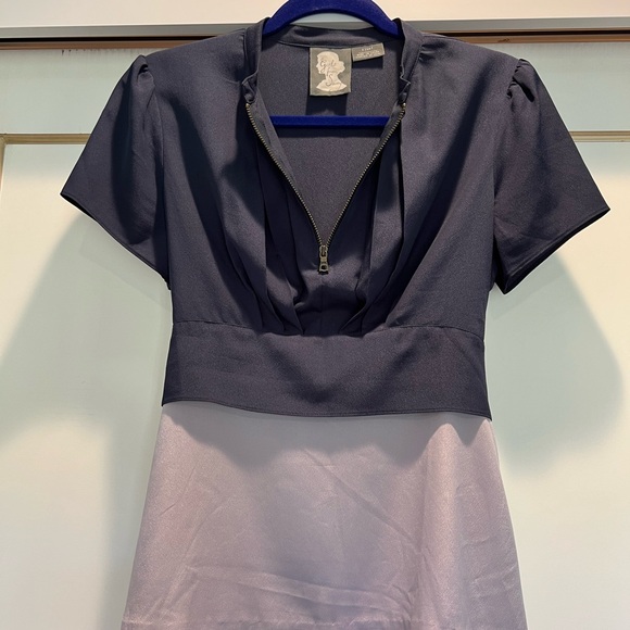 Girl from Savoy navy/lavender tieback blouse with front zip sz 8. Anthropologie - Picture 3 of 7